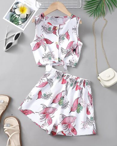 Girls Summer Outfits Cute Clothes for Kids Hawaiian Beach Sleeveless Floral Crop Top Shorts Tween Girl Clothing Set in Saudi Arabia