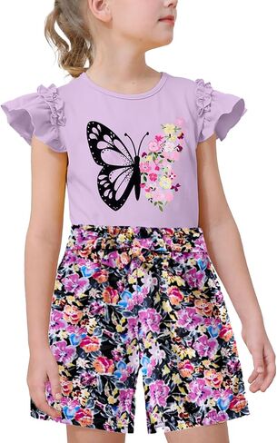 mksodop Girls outfits 2-Piece ruffled short sleeve butterfly floral print high waist floral shorts girls summer clothes in Kuwait