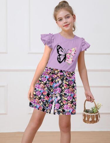 mksodop Girls outfits 2-Piece ruffled short sleeve butterfly floral print high waist floral shorts girls summer clothes in Kuwait