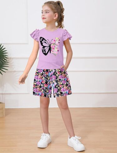 mksodop Girls outfits 2-Piece ruffled short sleeve butterfly floral print high waist floral shorts girls summer clothes in Kuwait
