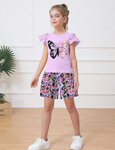 mksodop Girls outfits 2-Piece ruffled short sleeve butterfly floral print high waist floral shorts girls summer clothes in Kuwait