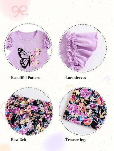 mksodop Girls outfits 2-Piece ruffled short sleeve butterfly floral print high waist floral shorts girls summer clothes in Kuwait