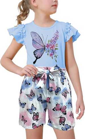 ملابس الفتيات mksodop من قطعتين متكثرات قصيرة الأكمام الفراشة طباعة عالية الخصر in Kuwait