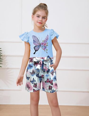 ملابس الفتيات mksodop من قطعتين متكثرات قصيرة الأكمام الفراشة طباعة عالية الخصر in Kuwait