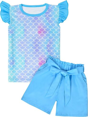 PASHOP Girls 2 Piece Outfits Summer Ruffle Trim Tops and High Waist Shorts Clothing Sets 3-8 Years in Saudi Arabia