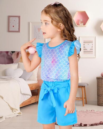 PASHOP Girls 2 Piece Outfits Summer Ruffle Trim Tops and High Waist Shorts Clothing Sets 3-8 Years in Saudi Arabia