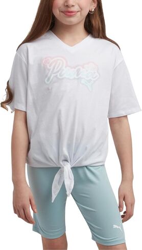 PUMA Girls' Biker Short Set - 2 Piece Short Sleeve Crewneck Graphic Tee Shirt and Bike Shorts for Girls (Sizes: 7-14) in Saudi Arabia