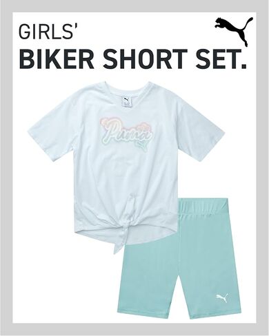 PUMA Girls' Biker Short Set - 2 Piece Short Sleeve Crewneck Graphic Tee Shirt and Bike Shorts for Girls (Sizes: 7-14) in Saudi Arabia