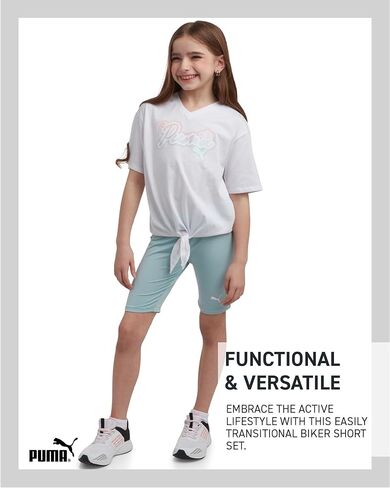 PUMA Girls' Biker Short Set - 2 Piece Short Sleeve Crewneck Graphic Tee Shirt and Bike Shorts for Girls (Sizes: 7-14) in Saudi Arabia