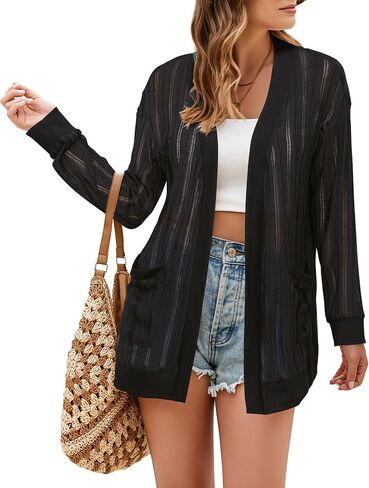 Styleword Women’s 2025 Summer Fashion Cardigan Boho Boho Boho Hollow Beach Cover Up Kimonos Open مع جيوب in Kuwait