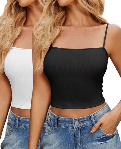 Ekouaer Women's 2pcs Crop Camisole Top Spaghetti Strap Tank Top Sleeveless Basic Cami Shirts Tube Tops in Saudi Arabia