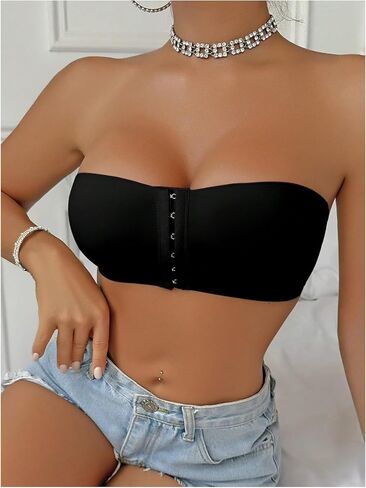 MakeMeChic Women's Front Closure Strapless Wireless Bralette Bandeau Bra Push Up Bras in Kuwait