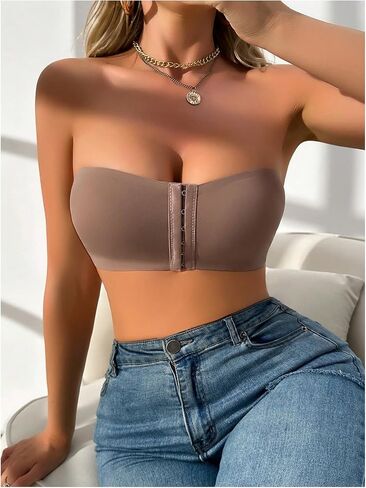 MakeMeChic Women's Front Closure Strapless Wireless Bralette Bandeau Bra Push Up Bras in Kuwait
