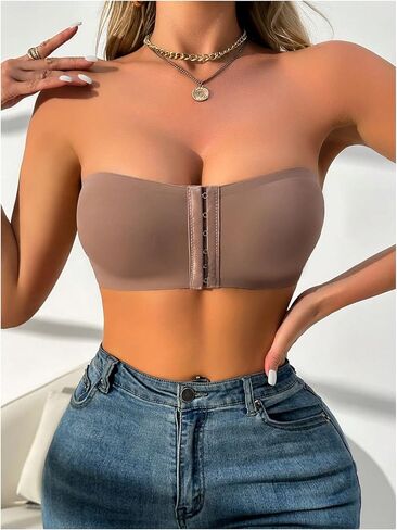 MakeMeChic Women's Front Closure Strapless Wireless Bralette Bandeau Bra Push Up Bras in Kuwait