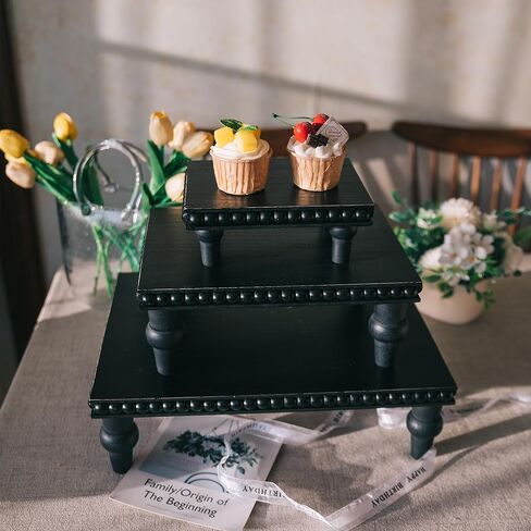 GENMOUS 3 Pcs Wooden Display Riser, Cupcake Dessert Display Riser, Black Rustic Large Tiered Tray Decor, Countertop Centerpiece, Farmhouse Coffee Bar Serving Stand, Plant Display Stand for Home Decor in Kuwait