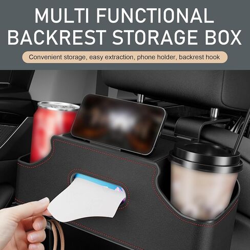 1 PC Car Seat Back Organizer, Car Back Seat Multi-Function Storage Box with 2 Drink Cup Holders, 11.42" x 3.35" Leather Tissue Organizer, Universal for Most Cars, Trucks, SUVs (Black) in Kuwait