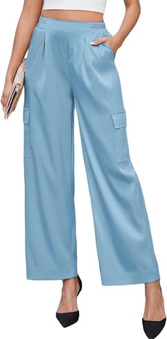 ZAFUL Womens Satin Pants Wide Leg High Waisted Cargo Pants Silky Dressy Casual Slack Trousers in Kuwait