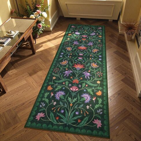 Lahome Boho Floral 2x6 Washable Green Bathroom Kitchen Runner Rug, Soft Rug Runners for Hallways Non Slip, Low-Pile Carpet Runner for Entryway Laundry (Forest Green,2x6) in Saudi Arabia