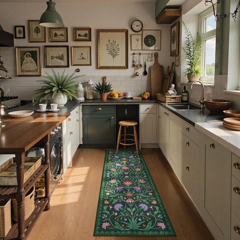 Lahome Boho Floral 2x6 Washable Green Bathroom Kitchen Runner Rug, Soft Rug Runners for Hallways Non Slip, Low-Pile Carpet Runner for Entryway Laundry (Forest Green,2x6) in Saudi Arabia