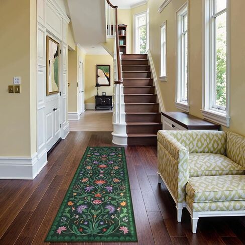Lahome Boho Floral 2x6 Washable Green Bathroom Kitchen Runner Rug, Soft Rug Runners for Hallways Non Slip, Low-Pile Carpet Runner for Entryway Laundry (Forest Green,2x6) in Saudi Arabia