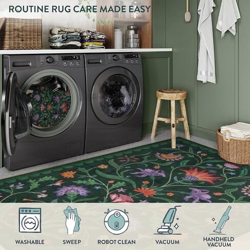 Lahome Boho Floral 2x6 Washable Green Bathroom Kitchen Runner Rug, Soft Rug Runners for Hallways Non Slip, Low-Pile Carpet Runner for Entryway Laundry (Forest Green,2x6) in Saudi Arabia