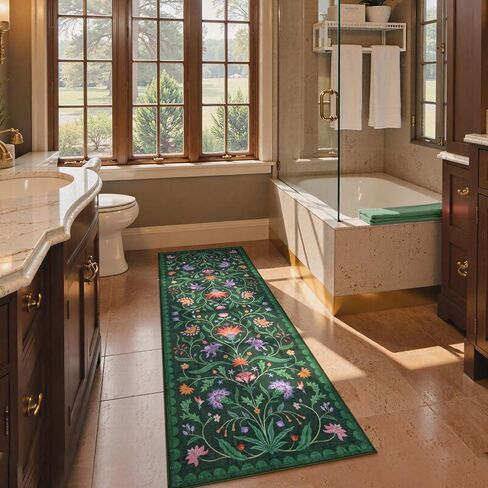 Lahome Boho Floral 2x6 Washable Green Bathroom Kitchen Runner Rug, Soft Rug Runners for Hallways Non Slip, Low-Pile Carpet Runner for Entryway Laundry (Forest Green,2x6) in Saudi Arabia