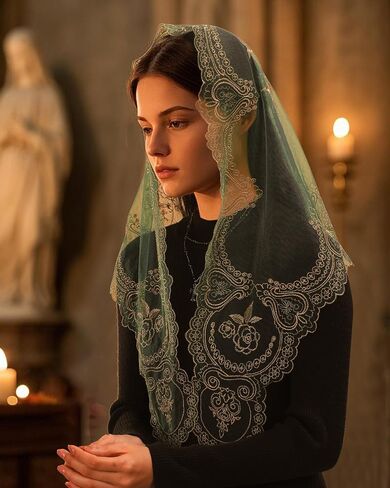 Bozidol Catholic Veil for Women Mass, Our Lady of Fatima Triangular Chapel Veils, Rose Floral Lace Church Head Covering in Saudi Arabia