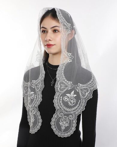 Bozidol Catholic Veil for Women Mass, Our Lady of Fatima Triangular Chapel Veils, Rose Floral Lace Church Head Covering in Saudi Arabia