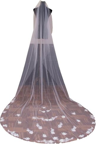 Bridal Veil for Wedding Pearls 3D Lace Flower Wedding Veil,1 Tier Cathedral length Floor Length Fingertip Length for Bride in Kuwait