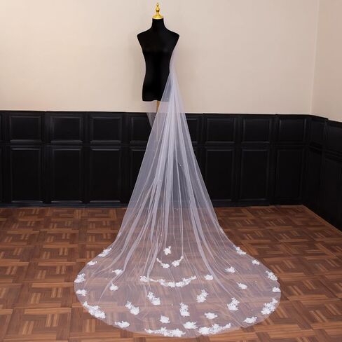 Bridal Veil for Wedding Pearls 3D Lace Flower Wedding Veil,1 Tier Cathedral length Floor Length Fingertip Length for Bride in Kuwait