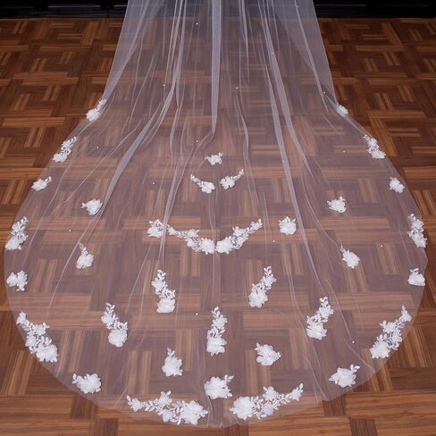 Bridal Veil for Wedding Pearls 3D Lace Flower Wedding Veil,1 Tier Cathedral length Floor Length Fingertip Length for Bride in Kuwait