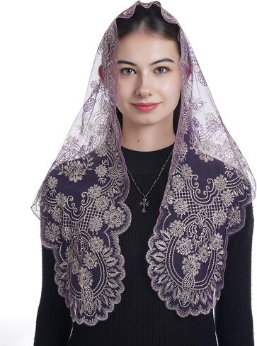 Bozidol Church Catholic Veils for Women, Camellia Floral Embroidered Lace Mantilla Chapel Veil, Latin Mass Head Coverings in Kuwait