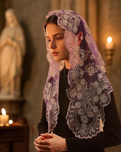 Bozidol Church Catholic Veils for Women, Camellia Floral Embroidered Lace Mantilla Chapel Veil, Latin Mass Head Coverings in Kuwait
