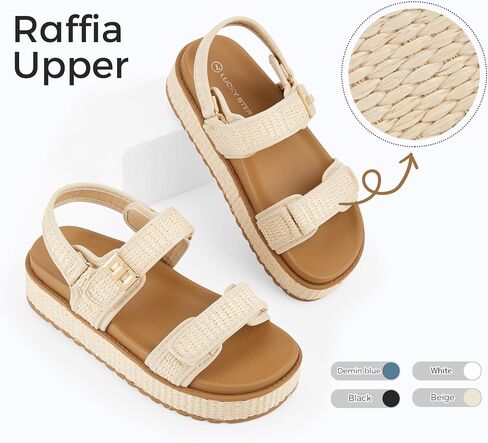 Lucky Step Women's Raffia Platform Wedge Sandals Open Toe Slingback Slingals Slingals قابل للتعديل in Saudi Arabia