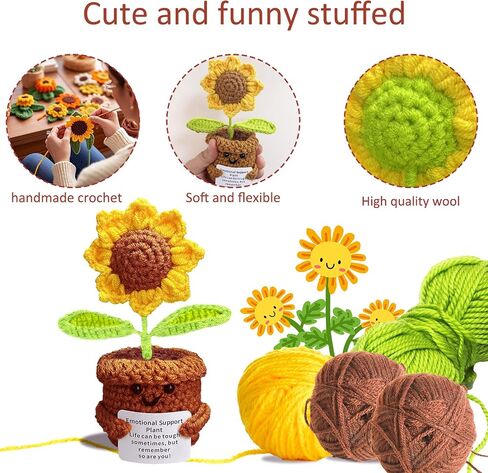 Positive Crochet Plant Sunflower Doll with Inspirational Card Emotional Support Plush Mini Funny Flowers Handmade Cheer Up Gifts for Teen Friend Coworker Student Teacher Mother Office Desk Decor in Saudi Arabia
