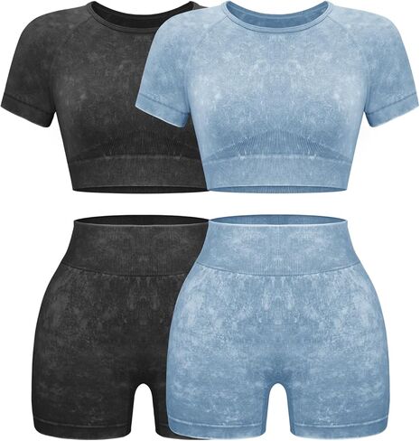 OLCHEE Womens Workout Sets 2 Piece - Seamless Acid Wash Yoga Outfits Shorts and Crop Top Matching Gym Athletic Clothing Set in Kuwait