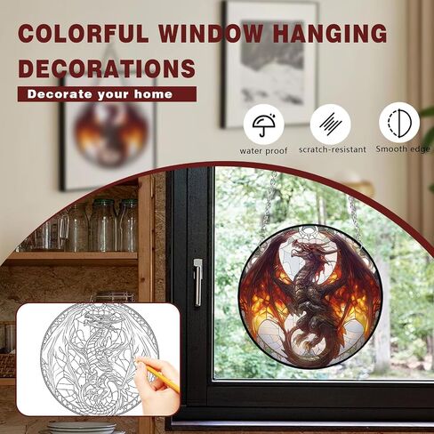Dragon Stained Acrylic Window Hanging, 20cm/7.87in Dragon Sun Catcher Decor, Dragon Suncatchers for Friends and Family (Dragon 20cm/7.8in) in Kuwait