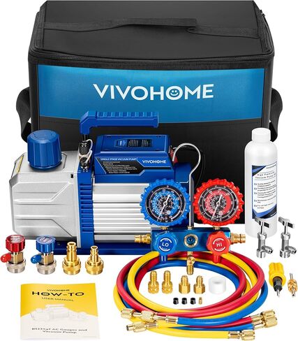 Vivohome 110V 1/2 HP 5CFM مرحلة مزدوجة مضخة الفراغ HVAC ومجموعة مقياس المقياس AC ، محرك بدون شرارة ل R32 R1234YF R454B R134A R22 R410A SYSTEM in Kuwait