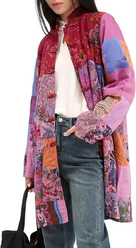 Women's Boho Floral Patchwork Jacket Lightweight Color-Blocked Plaid Windbreaker Coat for Spring & Fall in Saudi Arabia