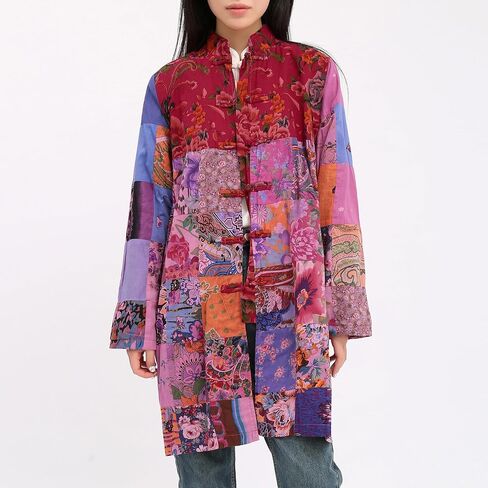Women's Boho Floral Patchwork Jacket Lightweight Color-Blocked Plaid Windbreaker Coat for Spring & Fall in Saudi Arabia