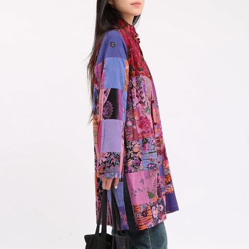 Women's Boho Floral Patchwork Jacket Lightweight Color-Blocked Plaid Windbreaker Coat for Spring & Fall in Saudi Arabia