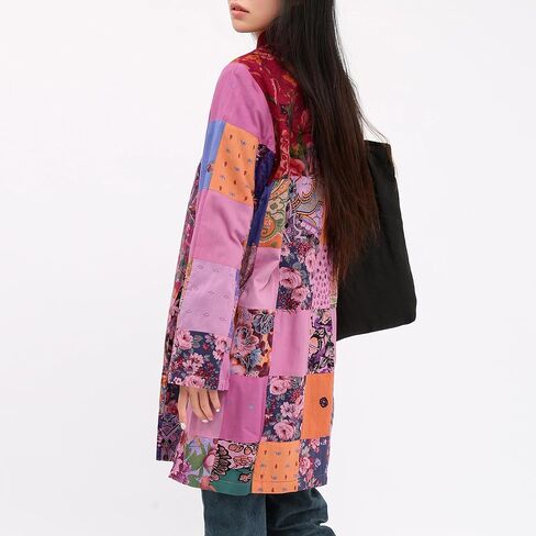 Women's Boho Floral Patchwork Jacket Lightweight Color-Blocked Plaid Windbreaker Coat for Spring & Fall in Saudi Arabia