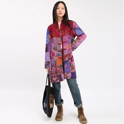 Women's Boho Floral Patchwork Jacket Lightweight Color-Blocked Plaid Windbreaker Coat for Spring & Fall in Saudi Arabia