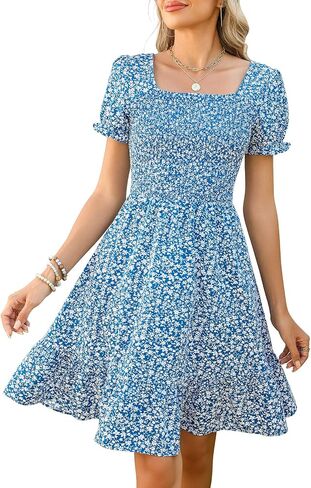 Lyrur Women's Short Sleeve Summer Dresses 2025 Spring Casual Square Neck Easter Dress A-Line Tiered Sundress with Pockets in Saudi Arabia