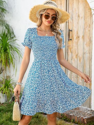 Lyrur Women's Short Sleeve Summer Dresses 2025 Spring Casual Square Neck Easter Dress A-Line Tiered Sundress with Pockets in Saudi Arabia