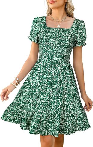 Lyrur Women's Short Sleeve Summer Dresses 2025 Spring Casual Square Neck Easter Dress A-Line Tiered Sundress with Pockets in Saudi Arabia