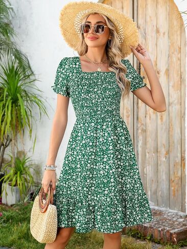 Lyrur Women's Short Sleeve Summer Dresses 2025 Spring Casual Square Neck Easter Dress A-Line Tiered Sundress with Pockets in Saudi Arabia