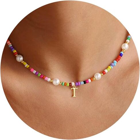 M MOOHAM Colorful Initial Necklaces for Girls - Pearl Beaded Choker Necklace for Women Teen Girl Colorful, Trendy Personalized Letter Initial Gifts Birthday Gifts Kids Jewelry in Saudi Arabia