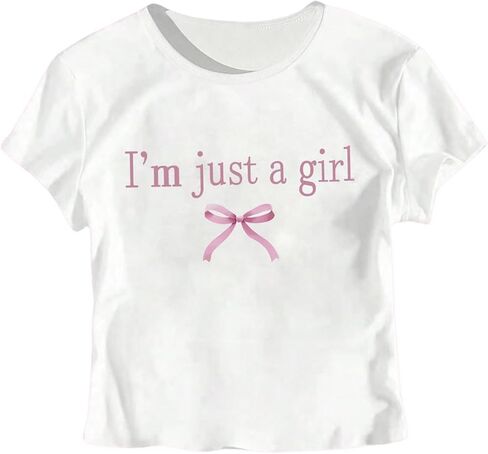 Girl's Graphic Tee Crew Neck Letter Bow Print Crop Tops Casual Cute Short Sleeve T Shirt in Kuwait