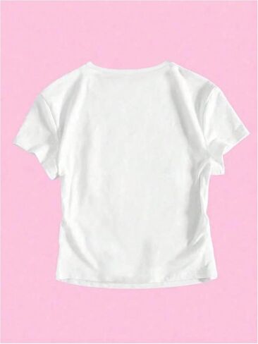 Girl's Graphic Tee Crew Neck Letter Bow Print Crop Tops Casual Cute Short Sleeve T Shirt in Kuwait